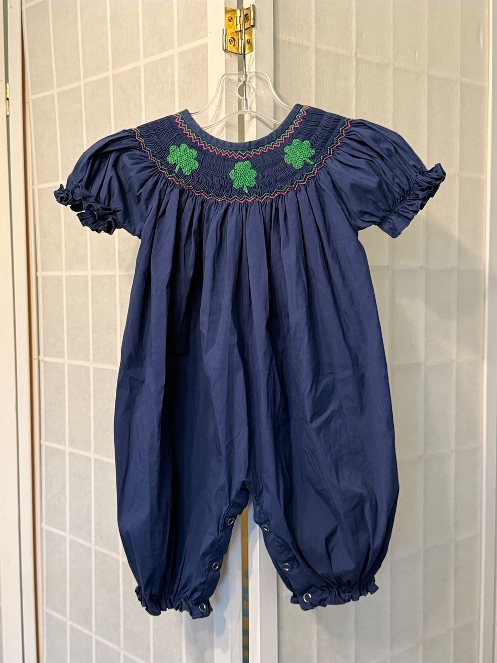 Girl’s Navy Smocked Romper with Green Clover Embroidery Size 9m